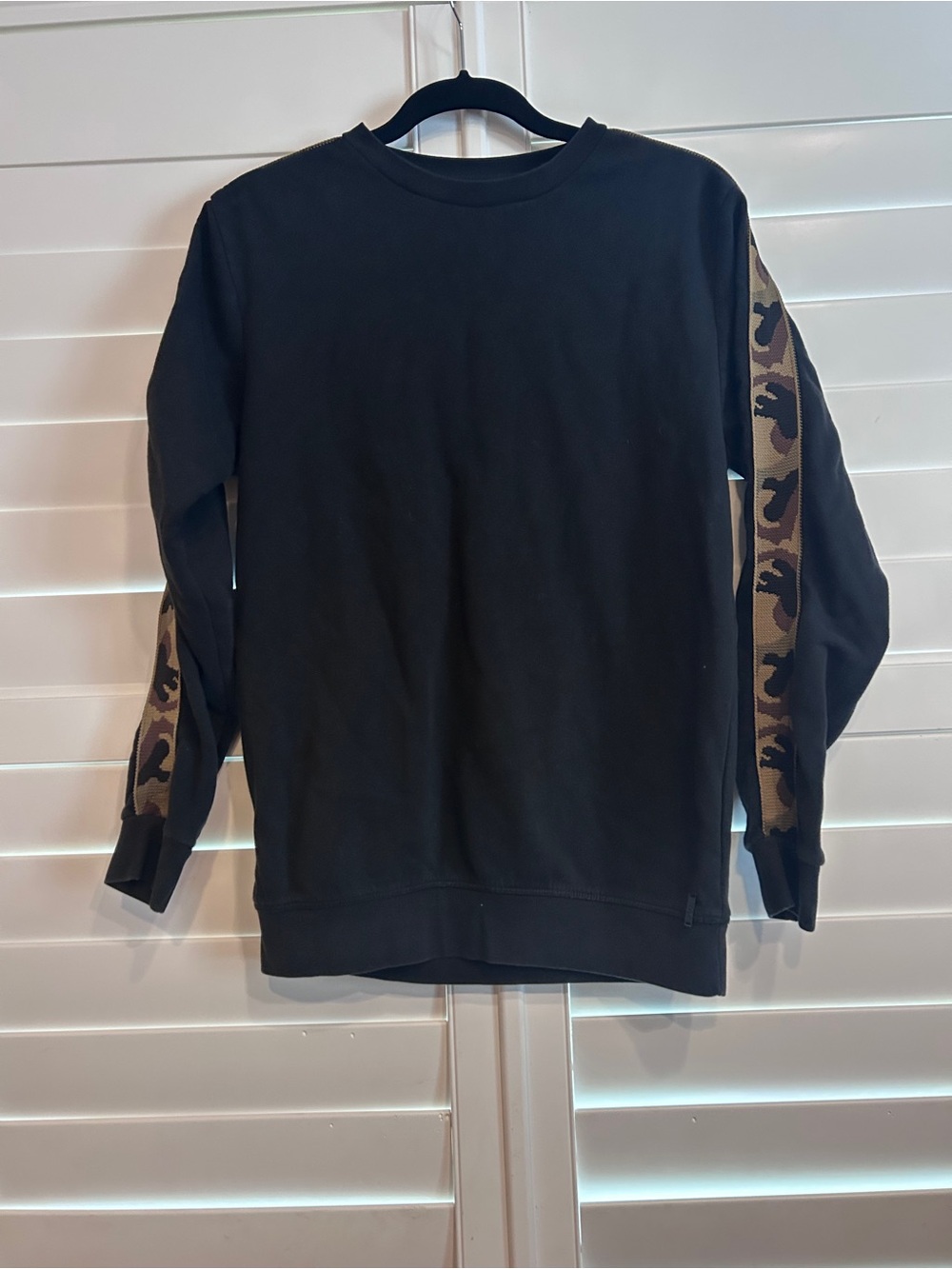 Black Crewneck Sweater with Camo Sleeve Panels